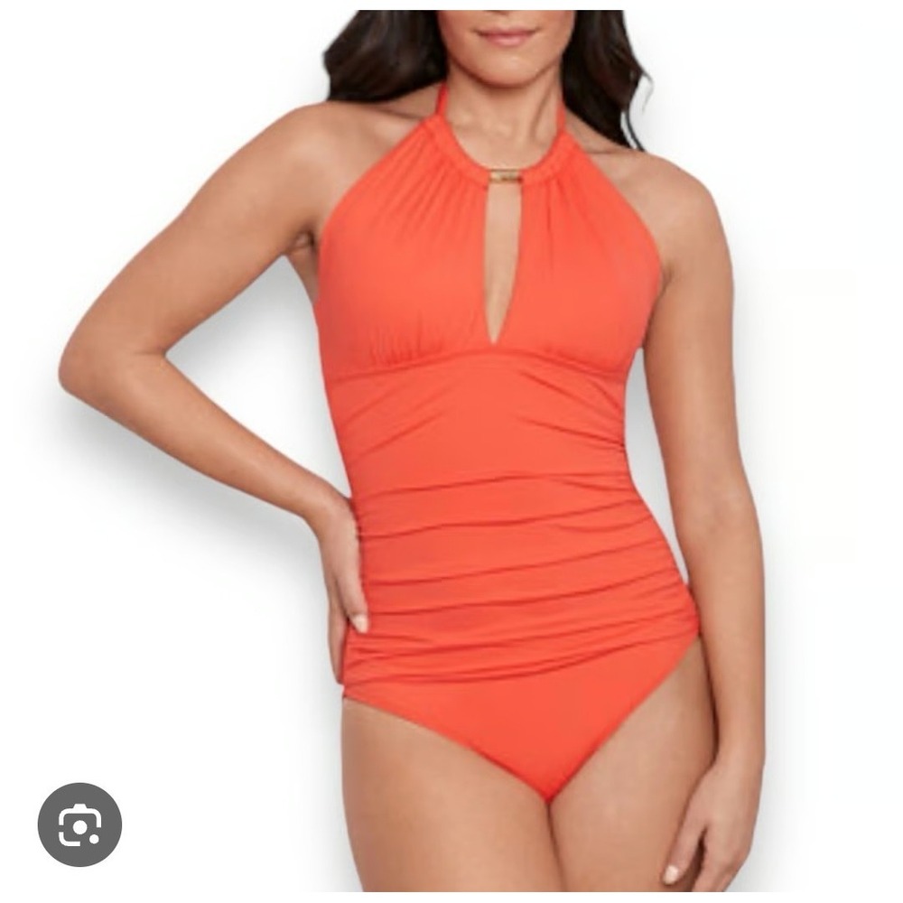 Lauren Ralph Lauren Orange Halter One Piece Swimsuit Ruched Keyhole 16 20201208
